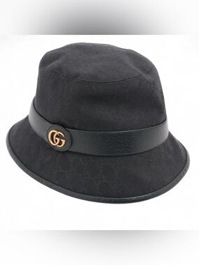 Gucci Black GG Monogram Bucket Hat with Gold Double G